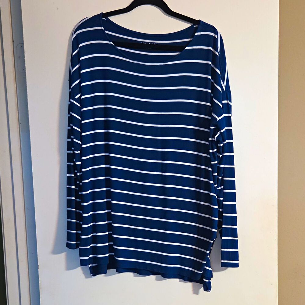 Ava & Viv Navy/White Striped Boat Neck Long Sleeve Knit Top, 2X Plus